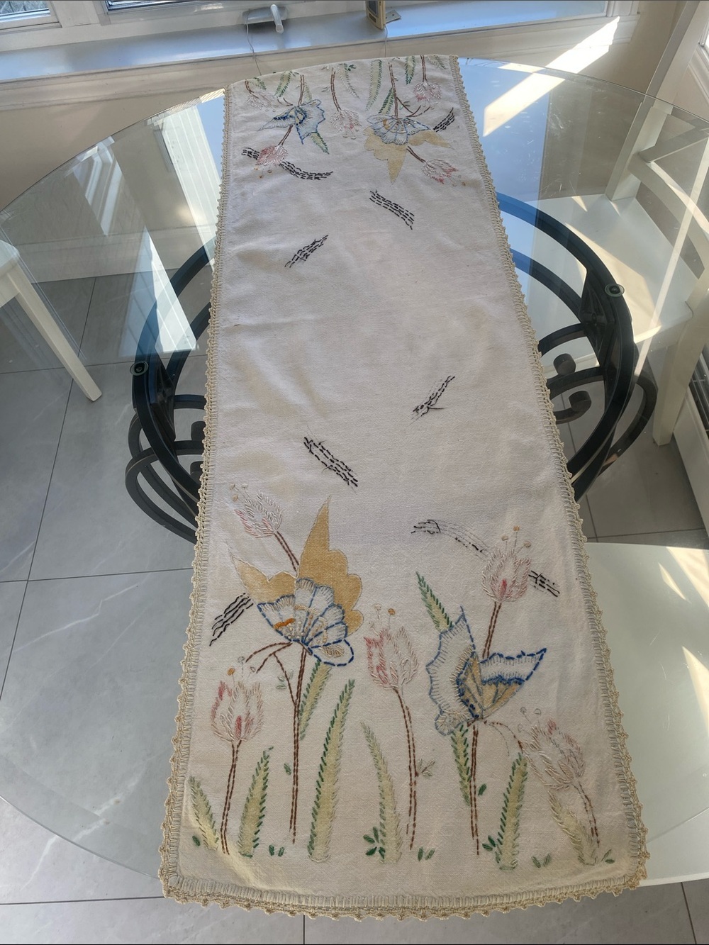 Linen hand Embroidered Floral Table Runner Cream in Blue & Gold L:49.5”XW: 15”
